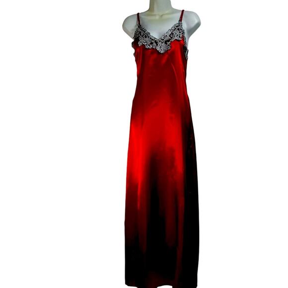 Rare Vintage Red Satin Slip Dress | 100% Cotton | Silver Lace Appliqué Glam | M - Picture 1 of 7